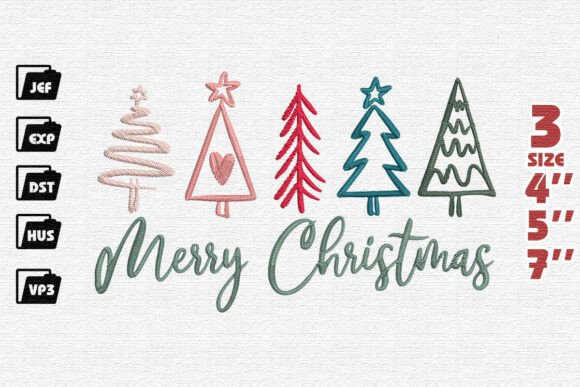 Merry Christmas with Whimsical Doodle Trees Embroidery Design