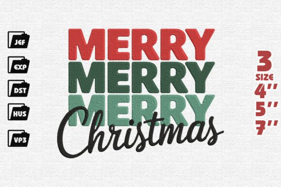 Retro Stacked Merry Merry Merry Christmas Embroidery Design